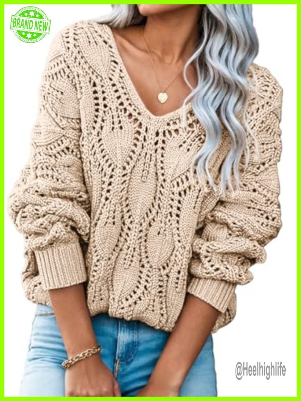 Women's V Neck Crochet Hollow Out Winter Pullover Sweater